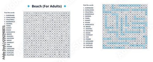 Quadro su tela Beach word search puzzle activity with highlighted answers word list on side and