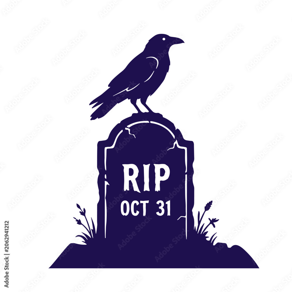 Obraz premium Black raven sitting on RIP tombstone vector illustration