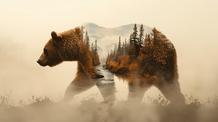 Double exposure of brown bear walking through misty autumn forest with trees and mountain landscape