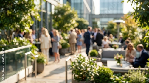 Blurred business event outdoor corporate networking background rooftop terrace garden party professional crowd lounge people gathering office
