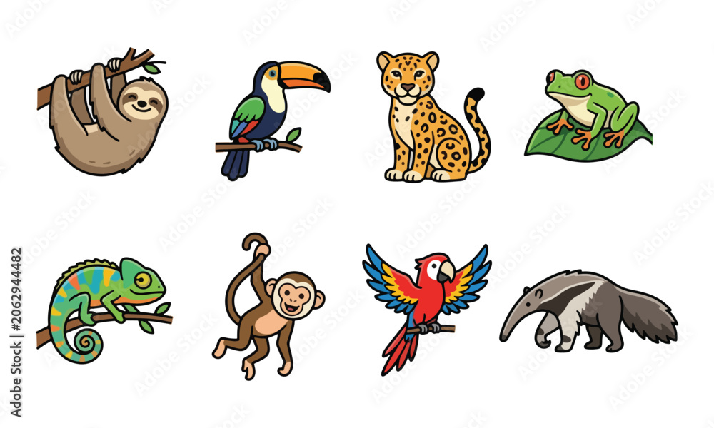 Fototapeta premium Tropical Jungle Animal Illustration Collection Set