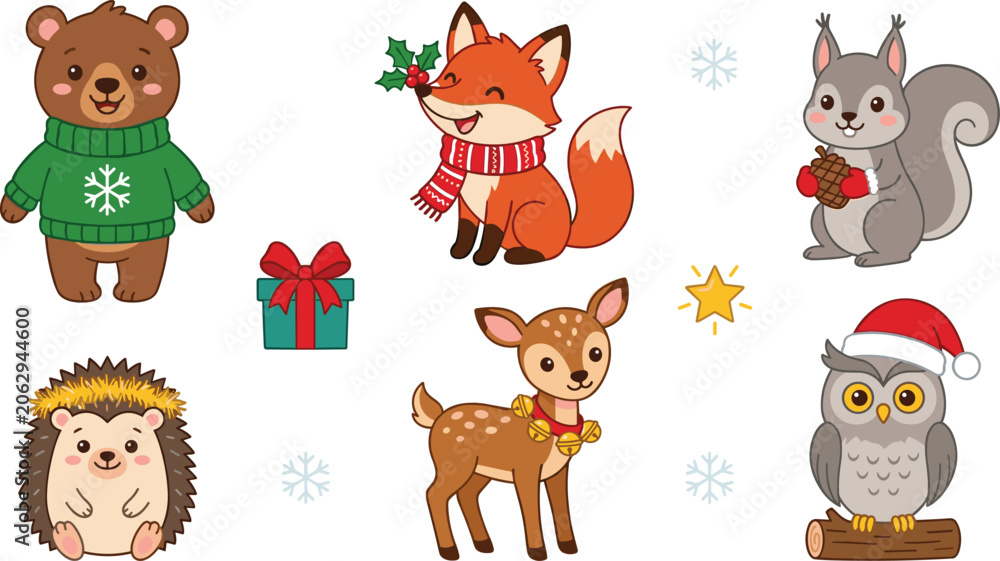 Naklejka premium Cute Christmas Woodland Animals Vector Icon Set Featuring Cartoon Bear, Fox, Squirrel, Hedgehog, Fawn, and Owl for Winter Holiday Greeting Card Designs