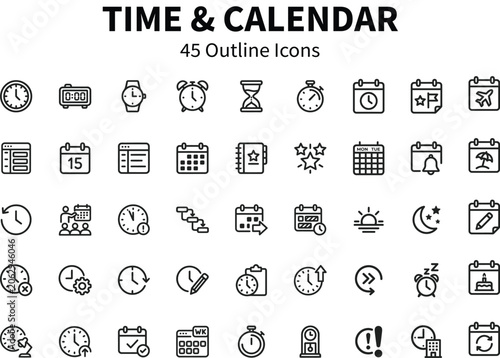 Outline Icons Representing Time and Calendar Concepts with Clean White Background Vector Illustration