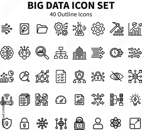 Big Data Icons Set Outline Collection with Technology and Analytics Symbols for Digital Concepts