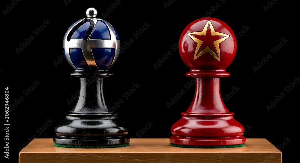 Fototapeta premium Two chess pawns, one blue & silver globe, the other red star, stand on a wooden surface