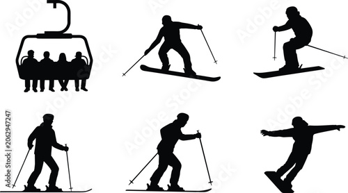 Foto Skiing silhouettes, snowboarder tricks, ski lift riders, winter sports action, a