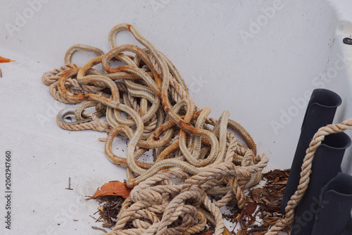 Canvas-taulu Tangled coiled ropes lie on a white boat deck, showing rust stains, weathered texture and scattered leaves beside rod holders, conveying nautical upkeep, marine life and coastal atmosphere