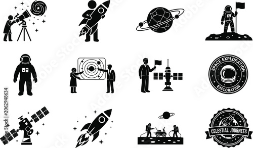Cuadro en lienzo Space exploration icons with astronauts, rockets, satellites, planets, telescope