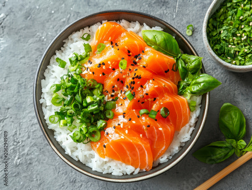 White rice with salmon and avocado