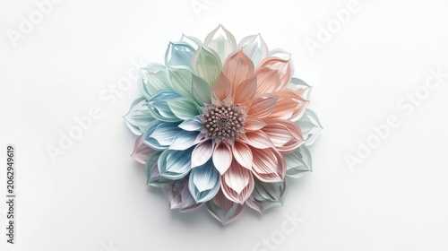 Intricately layered abstract flower with pastel petals and detailed center on white background showcasing artistic floral design