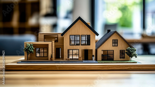 Real estate agency concept. Miniature house models, on desk