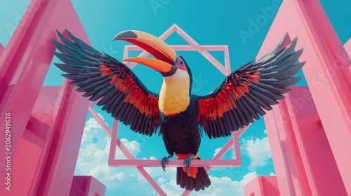 Vibrant oversized toucan with striking plumage spreads wings against pink geometric structures under blue sky