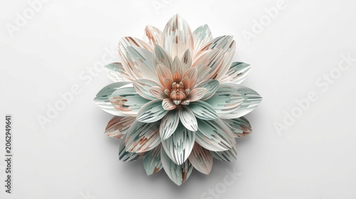 Abstract flower composed of intricately layered petals in soft pastel colors on white background