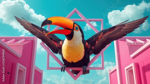 Vibrant tropical toucan in flight with oversized beak against pink buildings and geometric shapes under blue sky