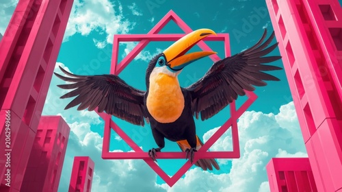 Vibrant tropical toucan with outstretched wings flies between pink city skyscrapers under blue sky with white clouds