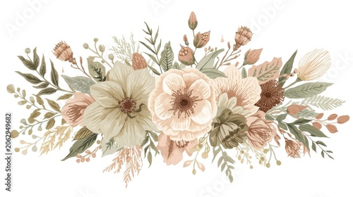 Beautiful boho chic floral arrangement with delicate flowers and greenery on white background for decor and design