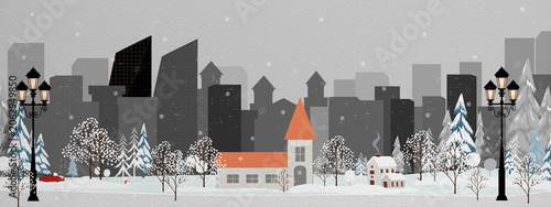 Winter cityscape with snowy village, cozy houses, pine trees, street lamps and falling snow. illustration Scenic urban skyline in cold season landscape, festive holiday background on watercolor paper