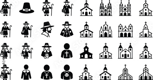Canvastavla Pilgrim and Church Building Vector Icon Collection Featuring Religious Travelers