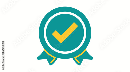 Slika na platnu Green circular badge with check mark and ribbons.