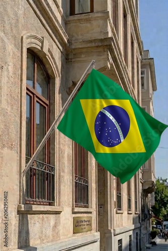 Brazilian flag waving against a blue sky