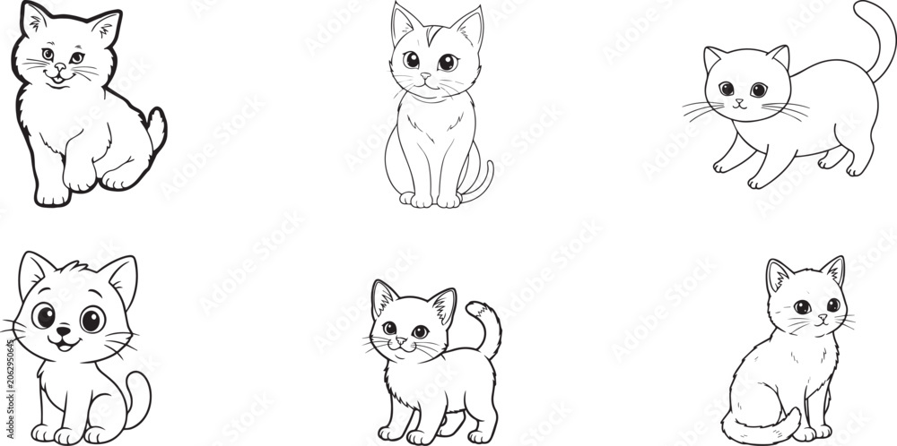 Obraz premium Vector cat icons, black and white kitten illustrations, cute feline line art, 6 kitty graphics