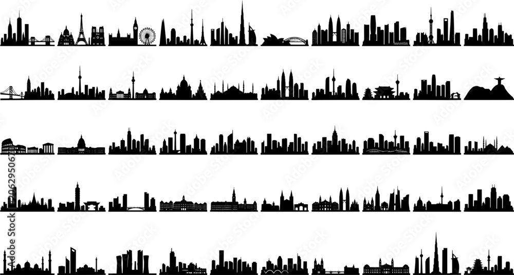Fototapeta premium World City Skylines Famous Landmarks Vector Silhouettes Pack