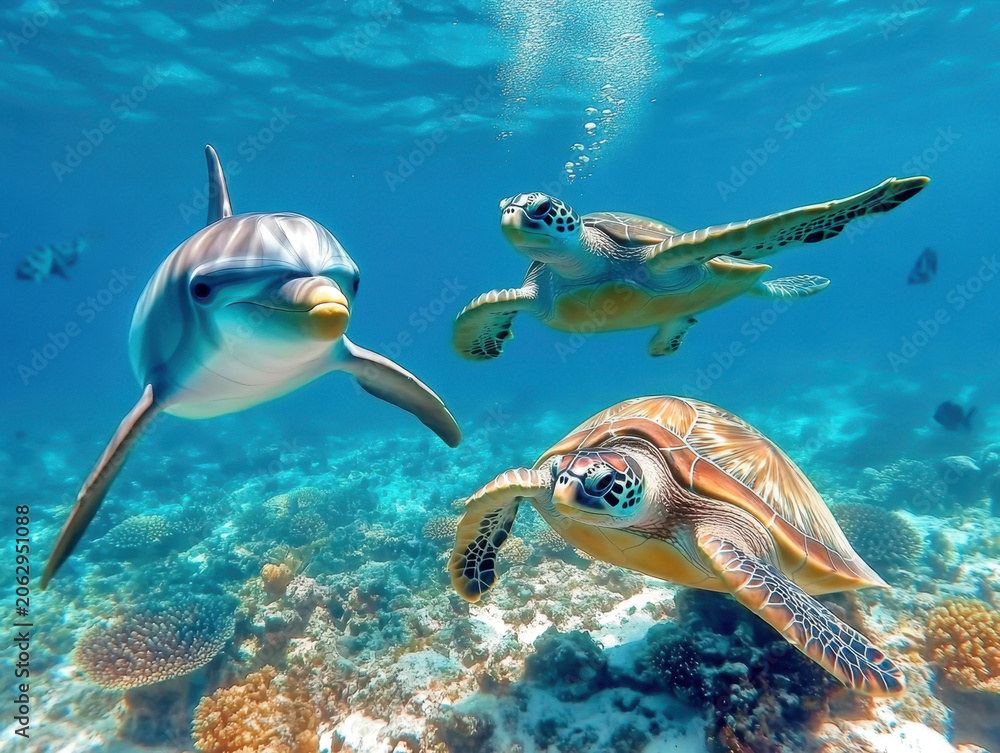Fototapeta premium A Dolphin and Sea Turtle Underwater portrait close up