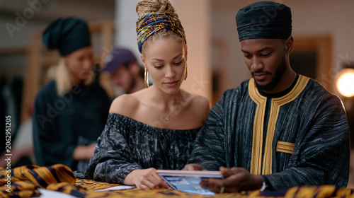 West African kente weaving technique featured in mainstream fashion editorial behind scenes, designer referencing original cloth while pattern advisor from Ghana reviews digital recreation on tablet