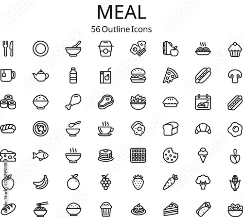 Outline food icons with simple shapes for diverse menu design during healthy eating promotions