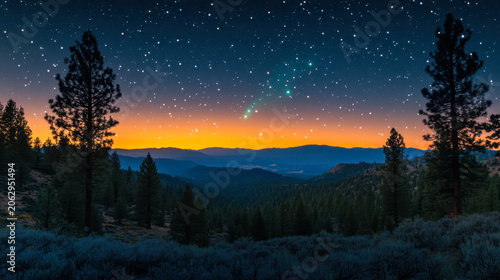 forest at night, snow with colorful sky