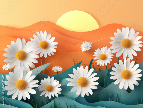 Peaceful closeup white chamomiles daisies background. Beautiful nature flowers. sunset field landscape