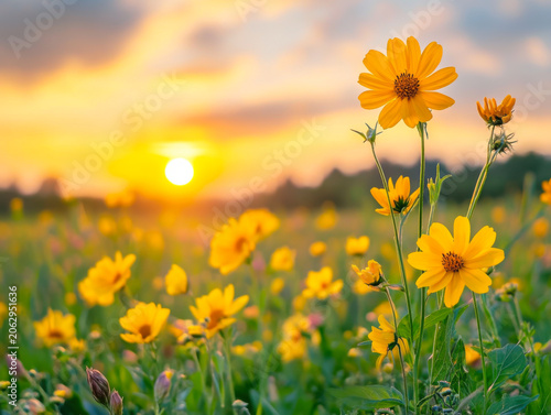 Abstract soft focus sunset field. Landscape of white flowers blur grass meadow warm golden hour sunset sunrise time