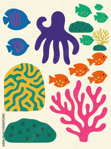 Canvastavla Purple octopus with colorful fish coral reef scene