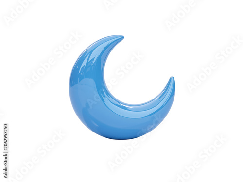 Blue glossy crescent moon 3d icon rendering, isolated on transparent background