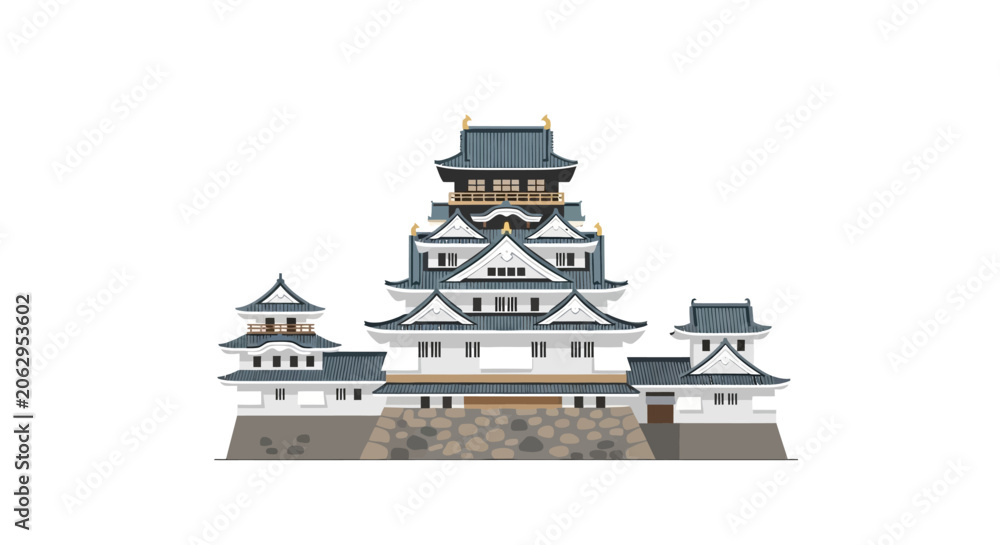 Naklejka premium Traditional Japanese castle illustration with detailed architecture