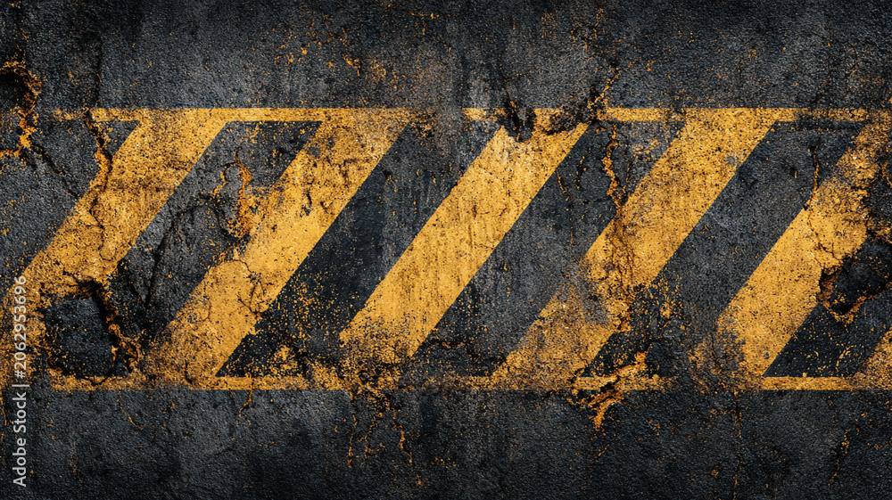 Fototapeta premium Grunge Concrete Wall Texture with Yellow Black Hazard Stripes. - Border and Copy Space.