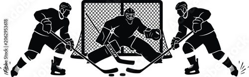Canvas Print Three ice hockey players competing near goal net, goalie in protective gear, ska