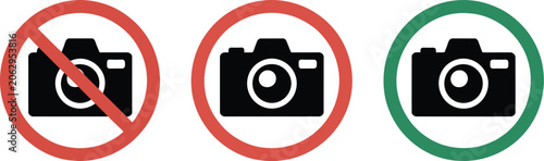 No photos, allowed sign, camera and mobile phone restriction symbol showing prohibition graphics for photography ban and security area warning design.