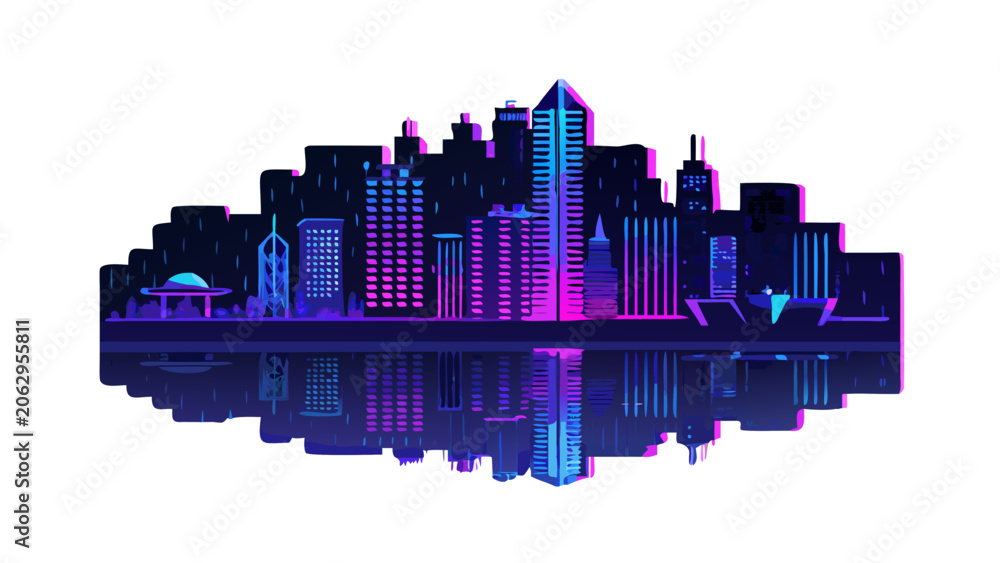 Obraz premium Neon city skyline with purple and blue lights