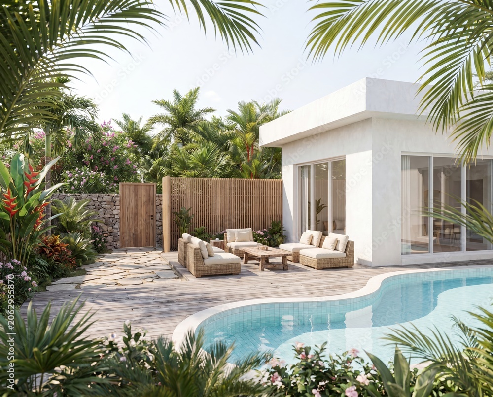 Fototapeta premium Luxury Vacation Rental Entrance with Stone Walkway and White Architecture