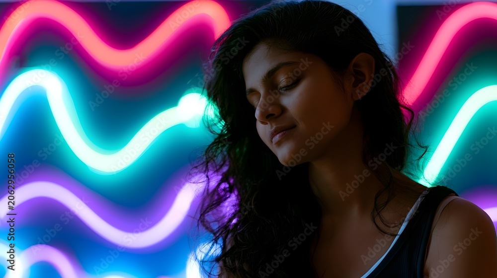 Naklejka premium Dynamic neon waves create a sense of deep calmness with vibrant light and complementary background colors