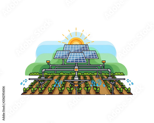 Solar Powered Agricultural Smart Farming Irrigation System with Water Sprinklers Pipes and Crops Field, Sustainable Agrivoltaics Concept, Flat Vector Illustration on transparent background