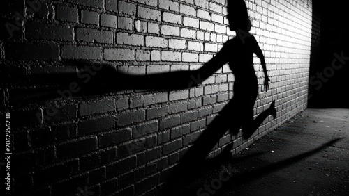 Dark silhouette shadow of running person cast on brick wall.
