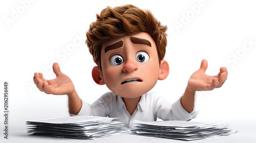 Confused Character with Papers: A confused animated character shrugs with a bewildered expression, surrounded by stacks of papers, symbolizing overwhelm and uncertainty.