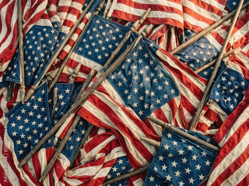 Fototapeta premium Pile of worn american flags with wooden poles