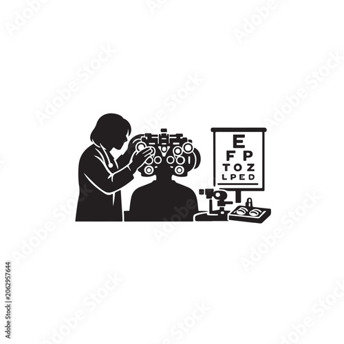 Optometrist Examining Patients Eyes With Phoropter And Eye Chart For Vision Healthcare Concepts