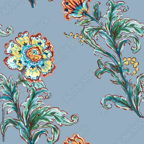 Rococo baroque damask floral seamless pattern watercolor jacobean chinoiserie retro vintage style