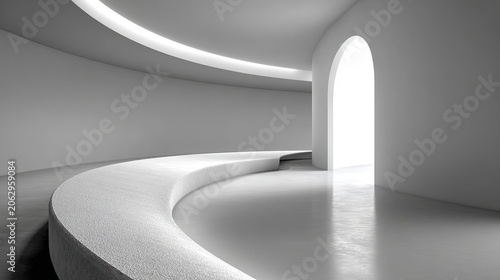 Minimalist Corridor with Archway: A stark, minimalist corridor with a curved bench and a glowing archway leading to an unseen space, emphasizing light and shadow.