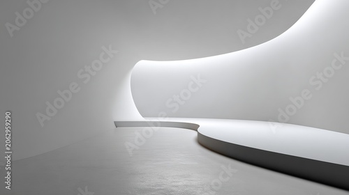 Minimalist White Interior: An abstract and minimalist architectural design featuring smooth, flowing white walls and a sleek, curved floor, bathed in soft, ambient light.