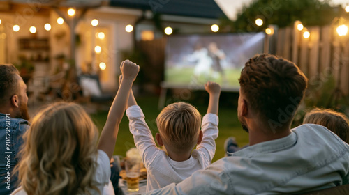Family enjoying an outdoor movie night in the backyard, watching a live soccer game on a projector screen and celebrating a goal